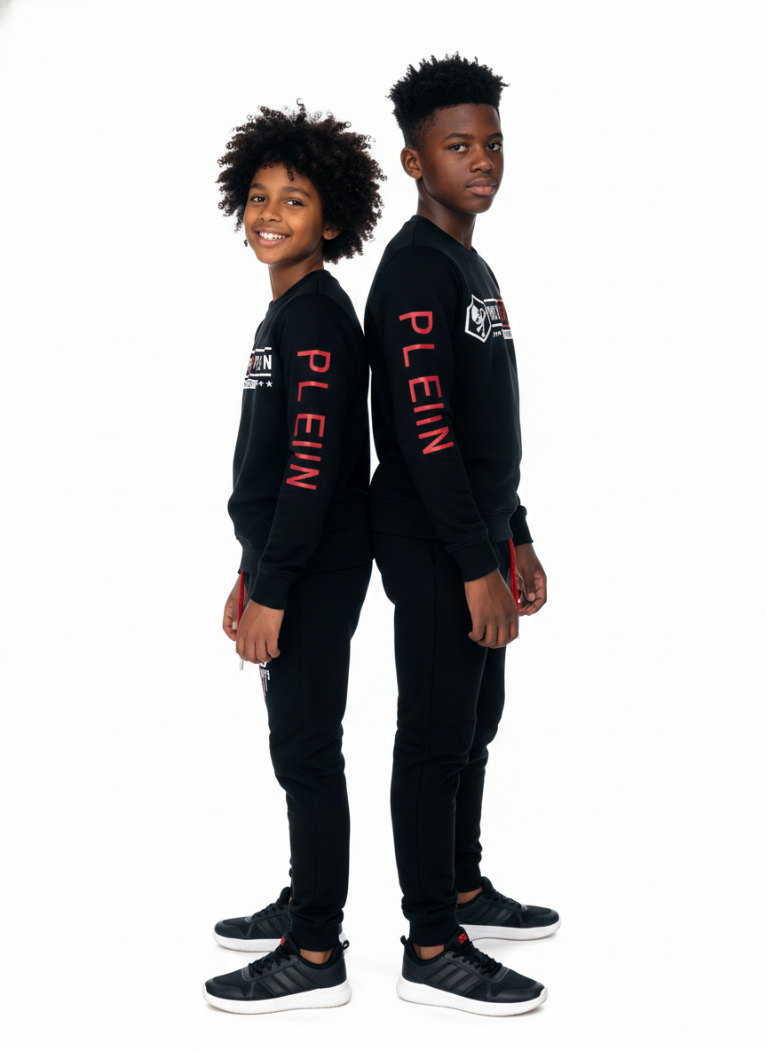 Two boys modeling black designer tracksuits back-to-back, showcasing the red "PLEIN" sleeve branding and breathable athletic design at Trendy Angels Boutique, Brunswick.