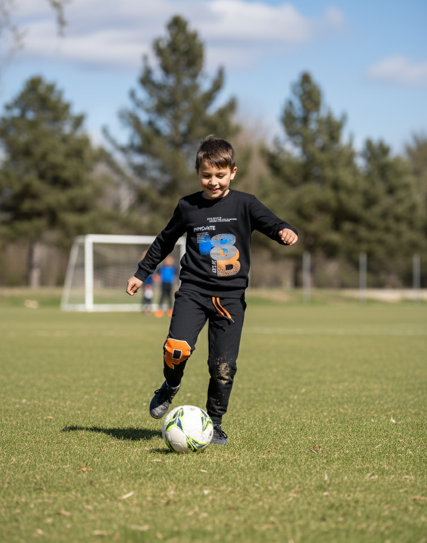 A young boy playing soccer in a black 'Spingate' graphic sweatshirt and matching black joggers, demonstrating the durable sport-to-night versatility of Trendy Angels Boutique's summer collection in Melbourne.