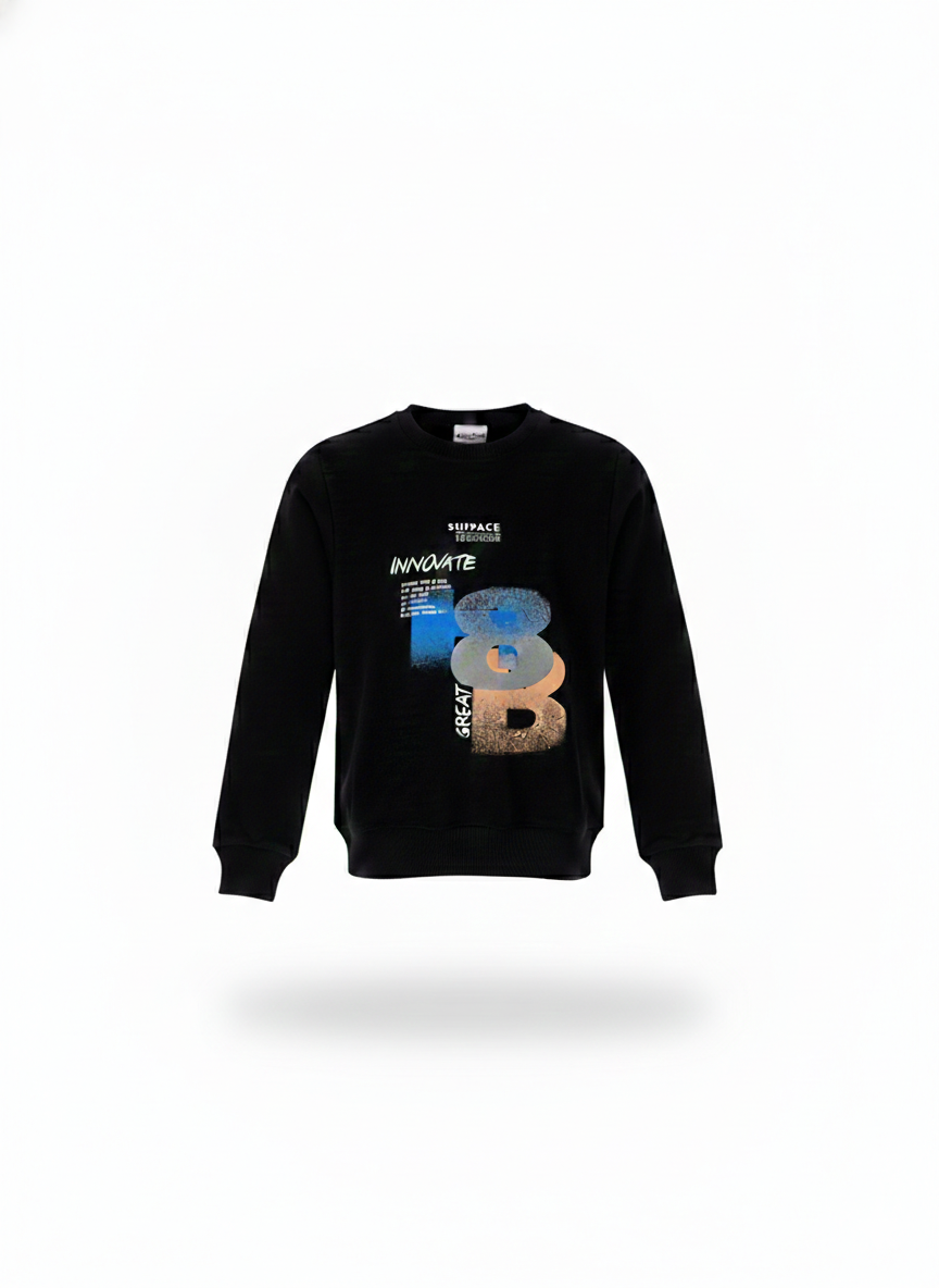 Boys' jet black summer graphic sweatshirt with "Spingate" chest print and vibrant orange accents, a premium sport-to-night top from Trendy Angels Boutique Melbourne.