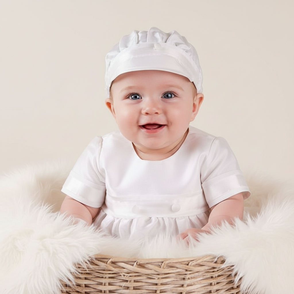 Close-up of a baby boy in a white silk baptism outfit and matching hat sitting in a wicker basket with fur lining, available at our Brunswick store