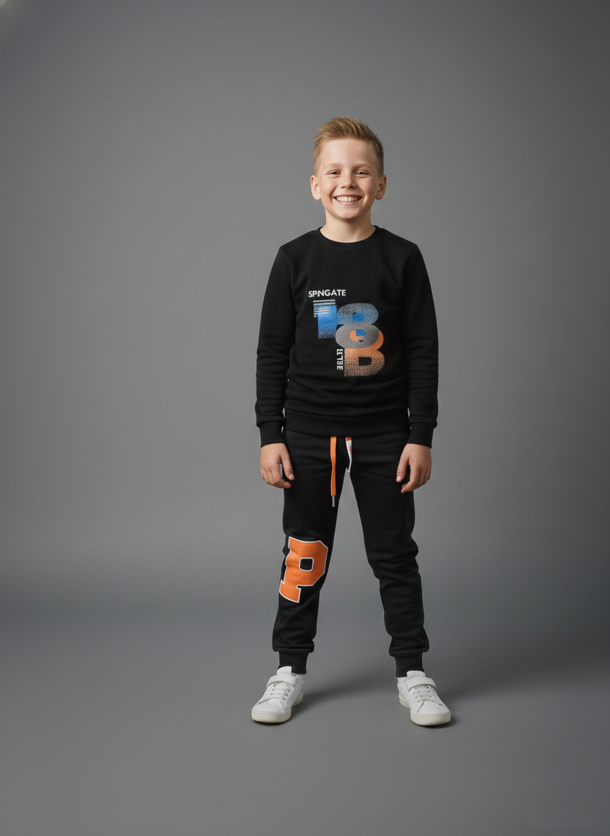 Boy wearing a premium jet black summer tracksuit with orange 'Spingate' graphics and matching joggers, a stylish sport-to-night outfit from Trendy Angels Boutique Melbourne.
