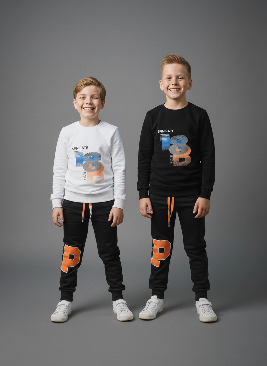 Two boys modeling matching black and white summer tracksuits from Trendy Angels Boutique Melbourne, featuring graphic "Spingate" sweatshirts and black joggers with orange accents for a versatile sport-to-night look