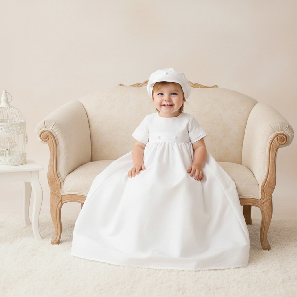 A baby boy sitting on a beige vintage sofa wearing a white short-sleeve baptism gown and a matching white bonnet from the Trendy Angels Boutique boys collection.
