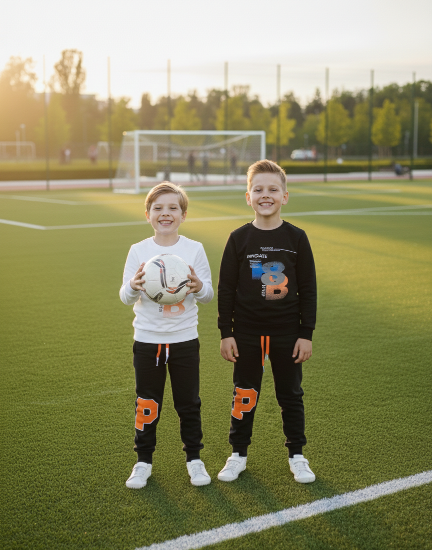 Two boys wearing trendy black and white summer tracksuits with orange graphic details on a soccer field, showcasing sport-to-night kids' fashion from Trendy Angels Boutique Melbourne.