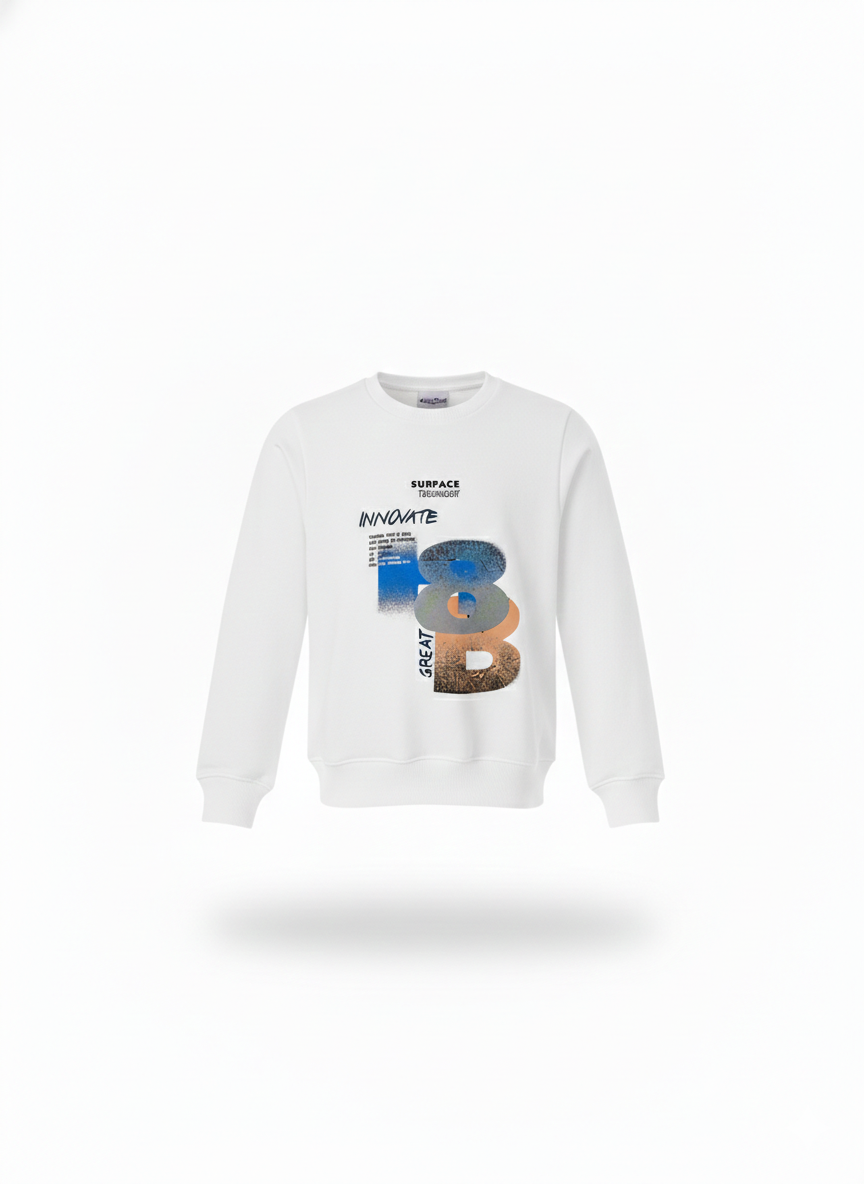 Boys' white long-sleeve summer graphic shirt with 'Spingate' print and blue/orange accents, premium breathable fabric for casual sport-to-night wear at Trendy Angels Boutique Melbourne.