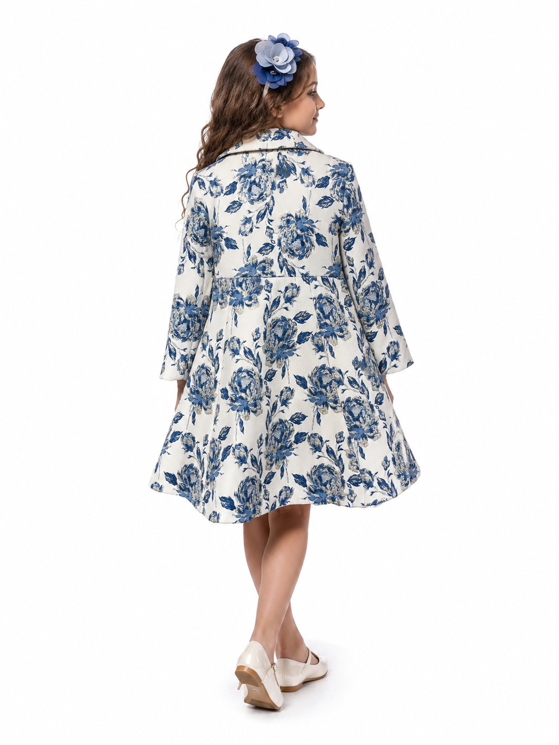 Back view of high-quality kids floral brocade trench coat part of an exclusive celebration bundle perfect for Greenvale events.
