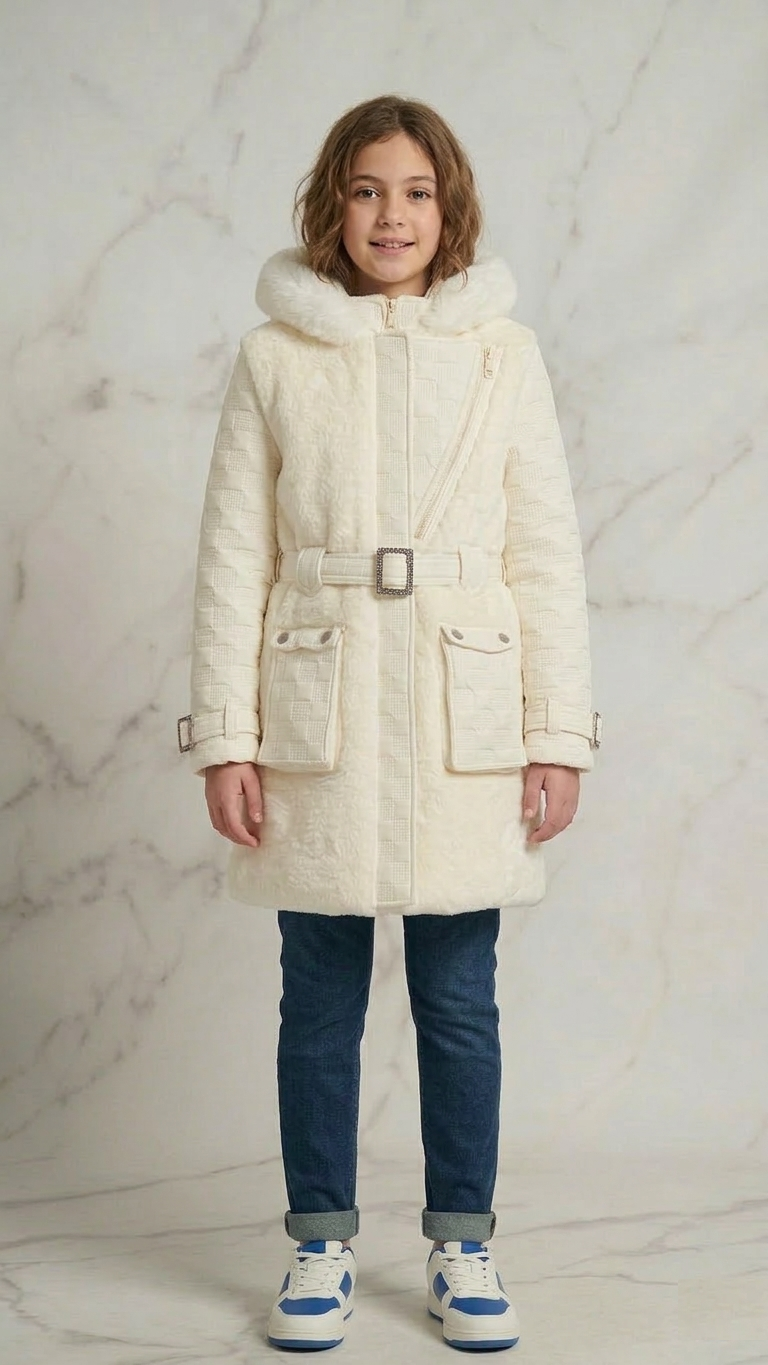 Isabella Girls' Premium Faux Fur Hooded Coat with Polished Silver Buckle Belt - White