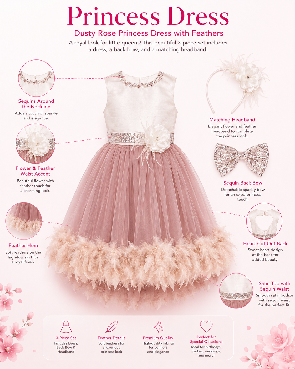 3 piece dusty rose princess dress with feathers set infographic detailing sequin neckline flower waist accent and heart cut out back