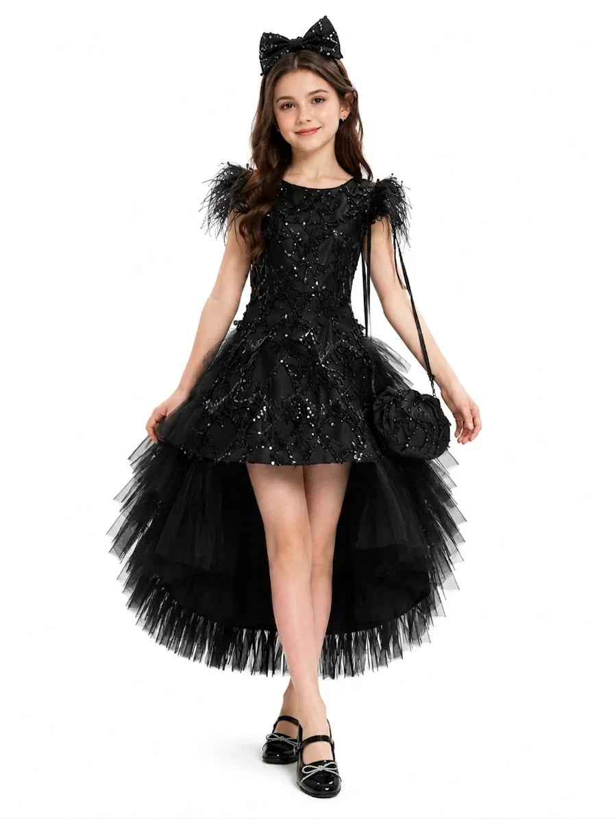 Exquisite Luxury Black Feather Flower Girl Dress Bundle with matching bag, bow, and detachable tail for special events in Keysborough and the City of Greater Dandenong.