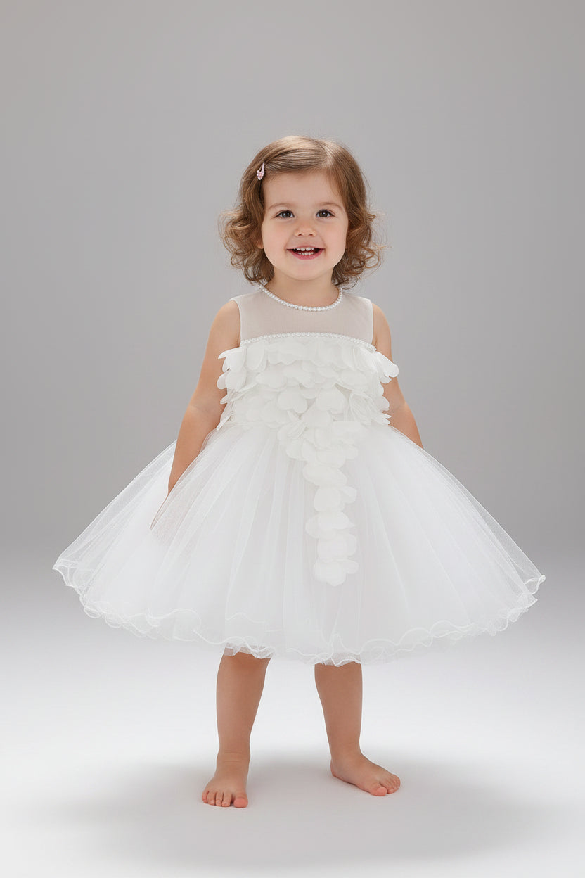 Toddler girl wearing a white floral petal-tulle gown, perfect for formal events and weddings, available at Trendy Angels Boutique in Rosanna.