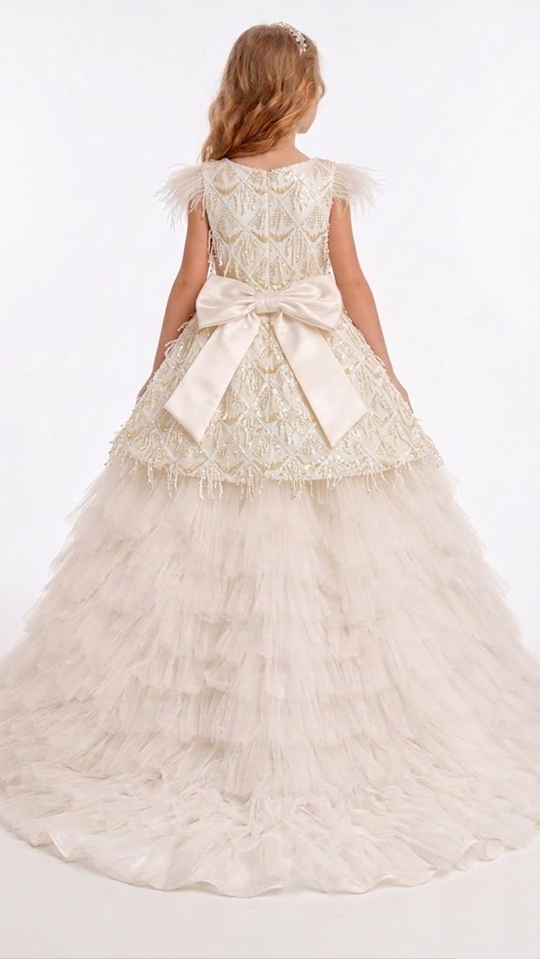 Back view of Royal Bundle dress featuring a large ivory satin bow and voluminous detachable multi-layered tulle train.