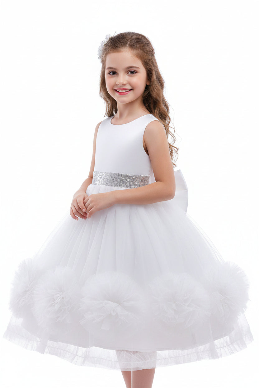 Flower girl dress Footscray - Luxury white satin and mesh gown with sequin waist for baptism and holy communion in Footscray Melbourne