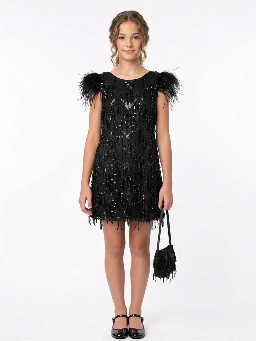 Luxury Black Feather Flower Girl Dress with matching bag and sequin details, available for delivery in Keysborough and the City of Greater Dandenong.