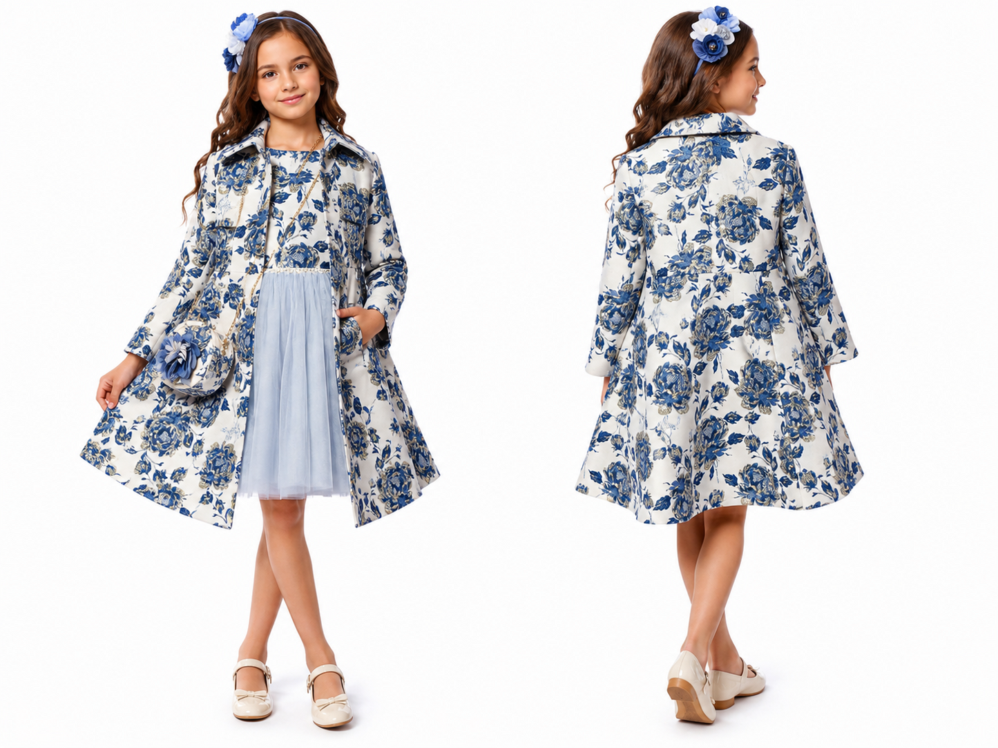 Elegant blue tulle flower girl dress and matching long jacket outfit ideal for special milestones near Epping.