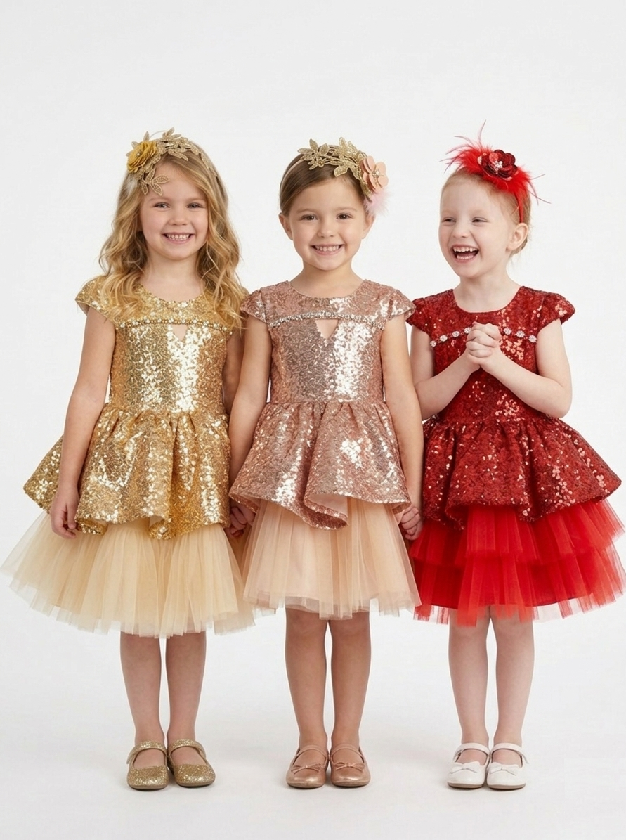 Three young girls smiling and posing in sequined flower girl dresses in shimmering gold, rose gold, and vibrant red, showcasing the various color options available in the tiered tulle boutique collection at Trendy Angels Boutique.