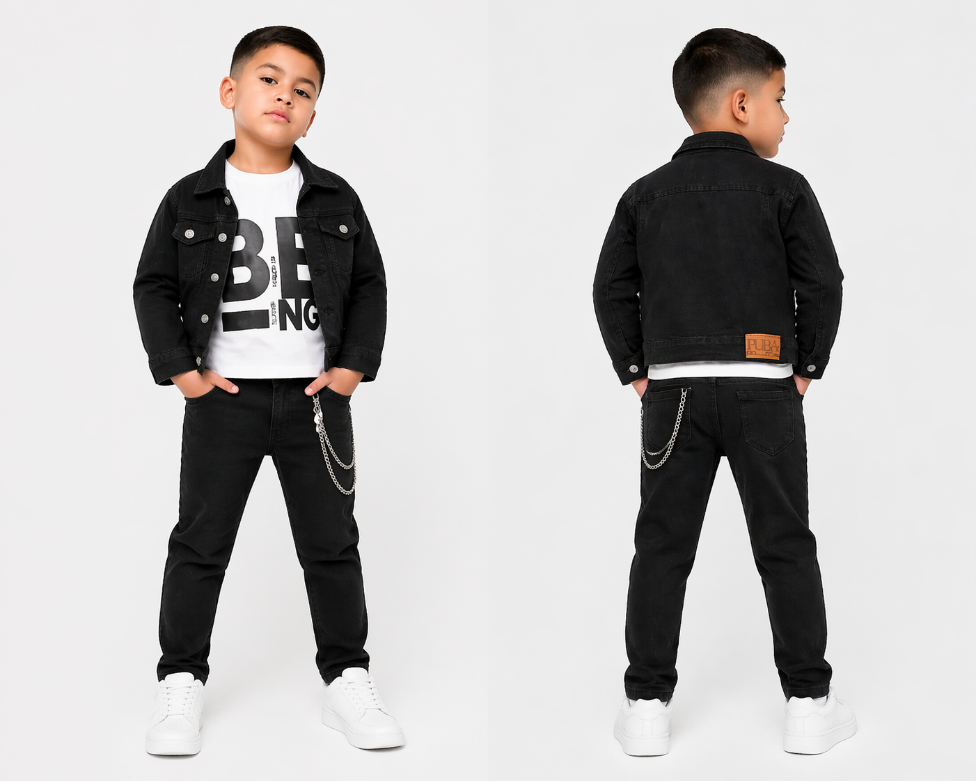 Front and back view of the Exclusive Boys 3-Piece Black Denim Outfit, displaying the jacket, white t-shirt, and jeans with a decorative wallet chain, available at Trendy Angels Boutique.