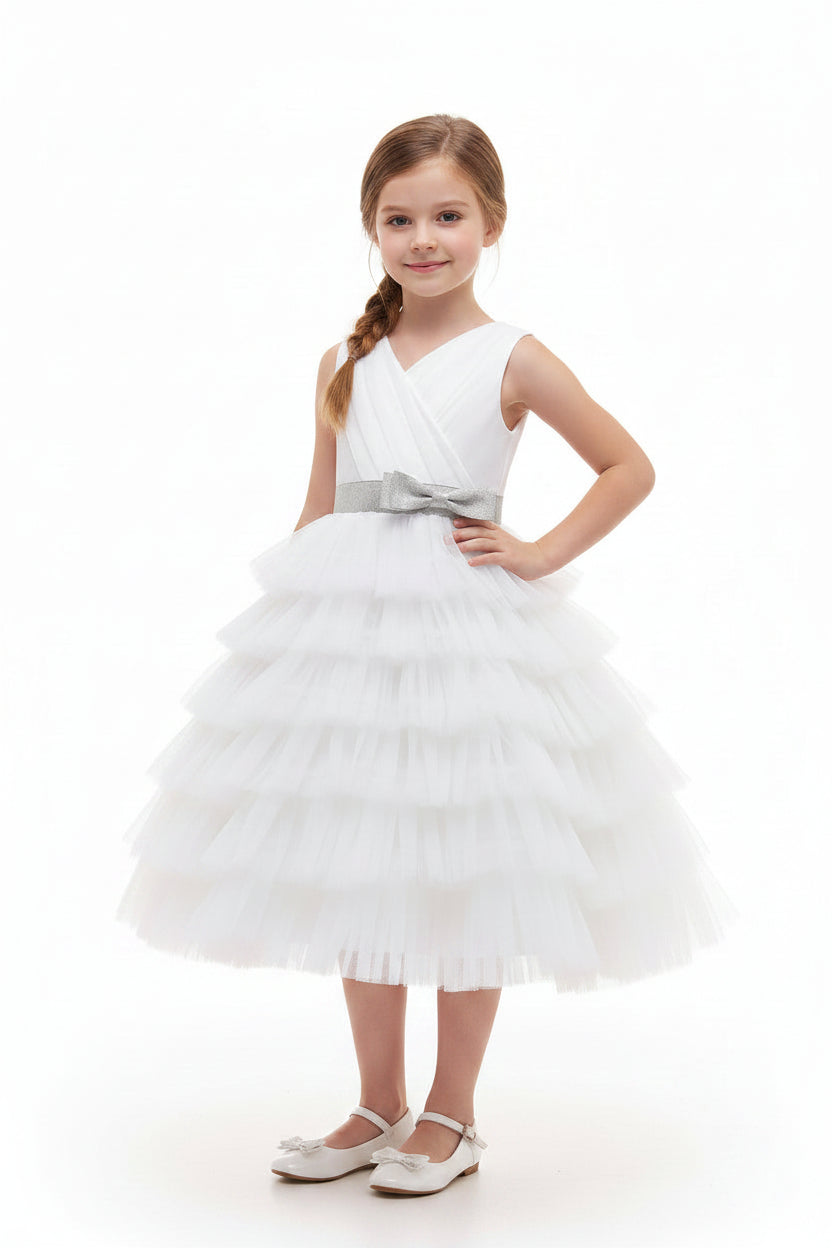 Elegant girls birthday cake dress with 6-layer lace and silver bow for parties in Caroline Springs at Trendy Angels Boutique.