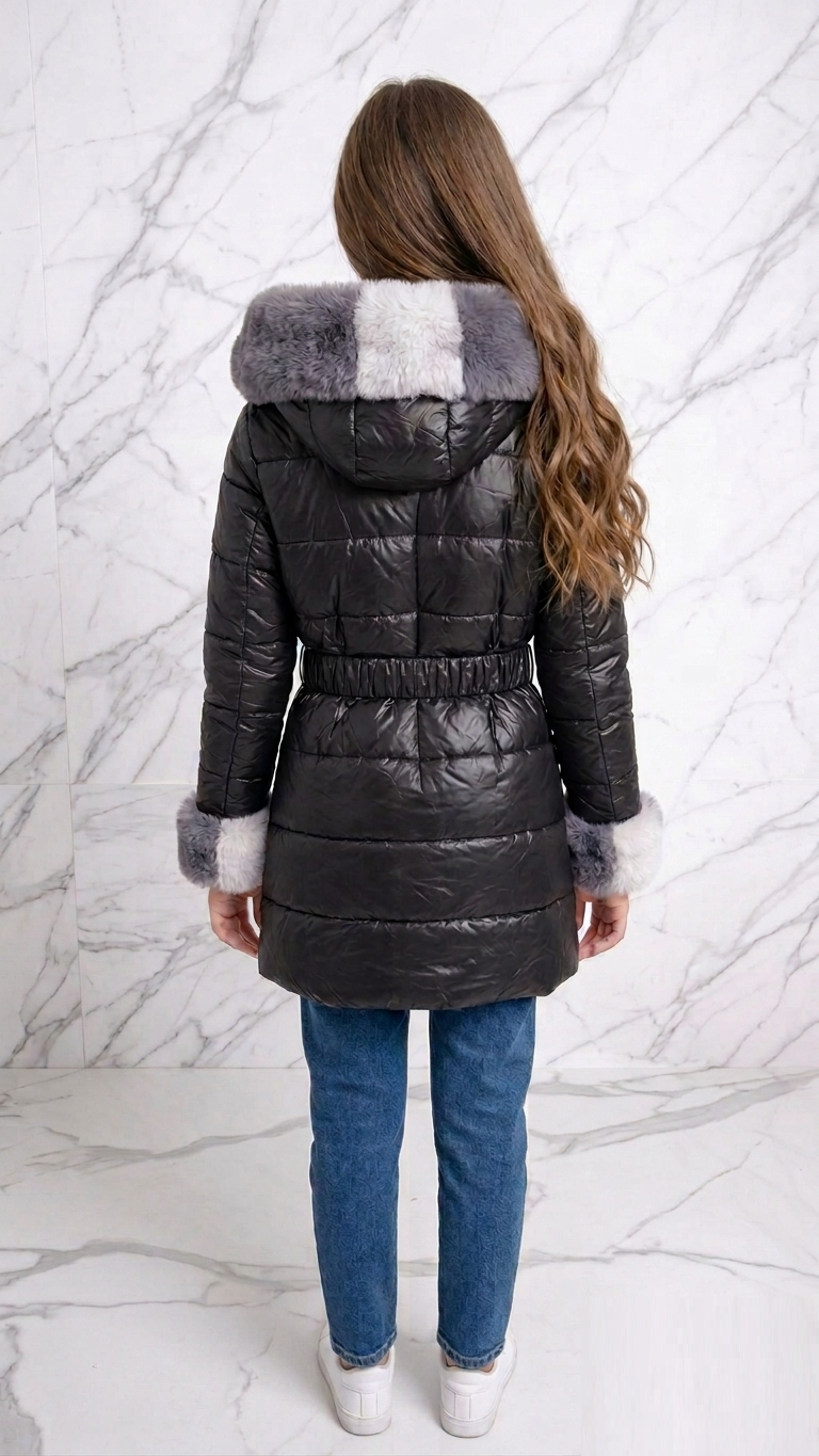 Back view of girls black quilted puffer jacket featuring an elasticated belted waist and large faux fur hood.