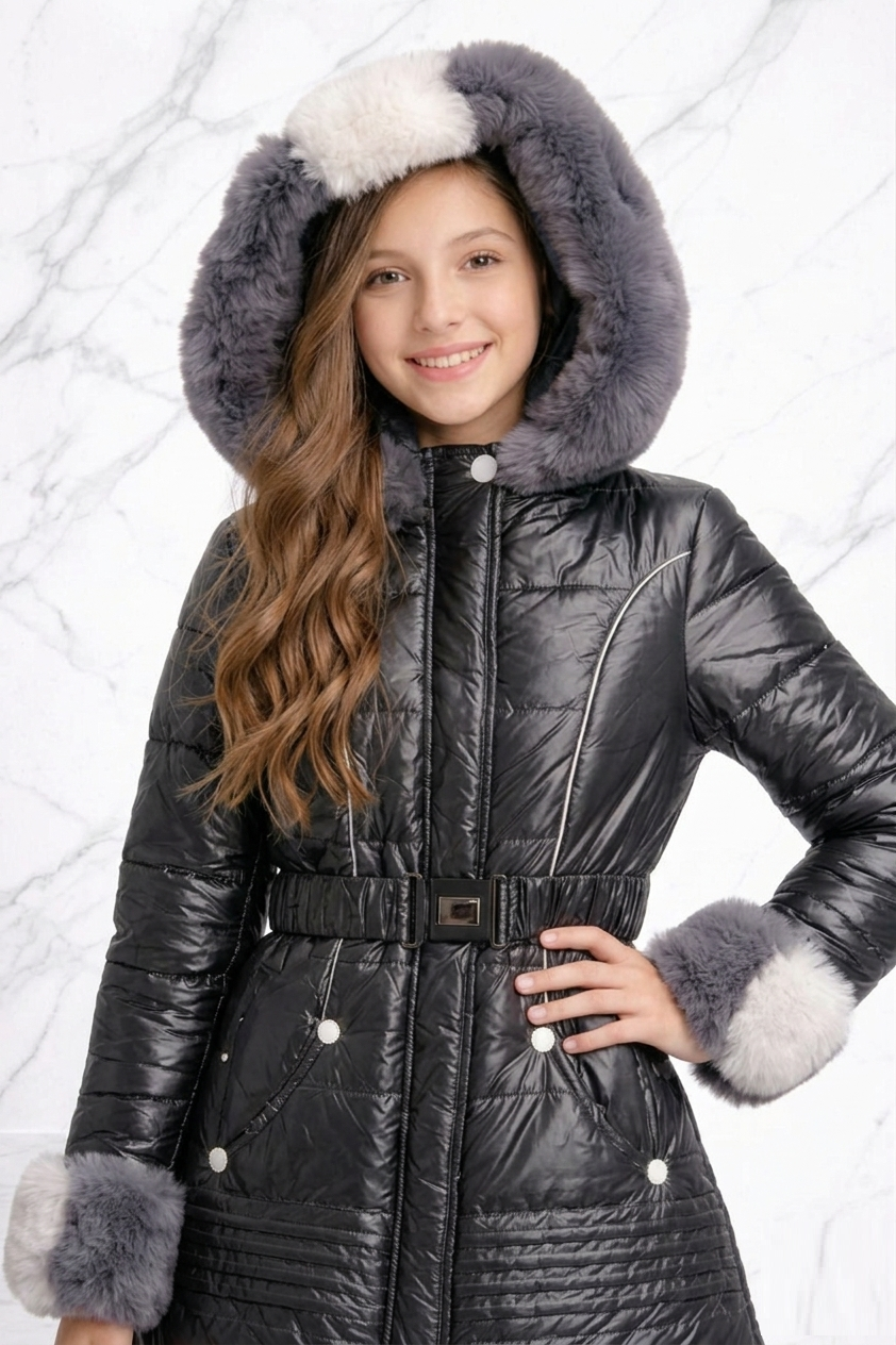 Close-up of girls black puffer jacket showing luxury grey and white faux fur hood and matching fur cuffs.