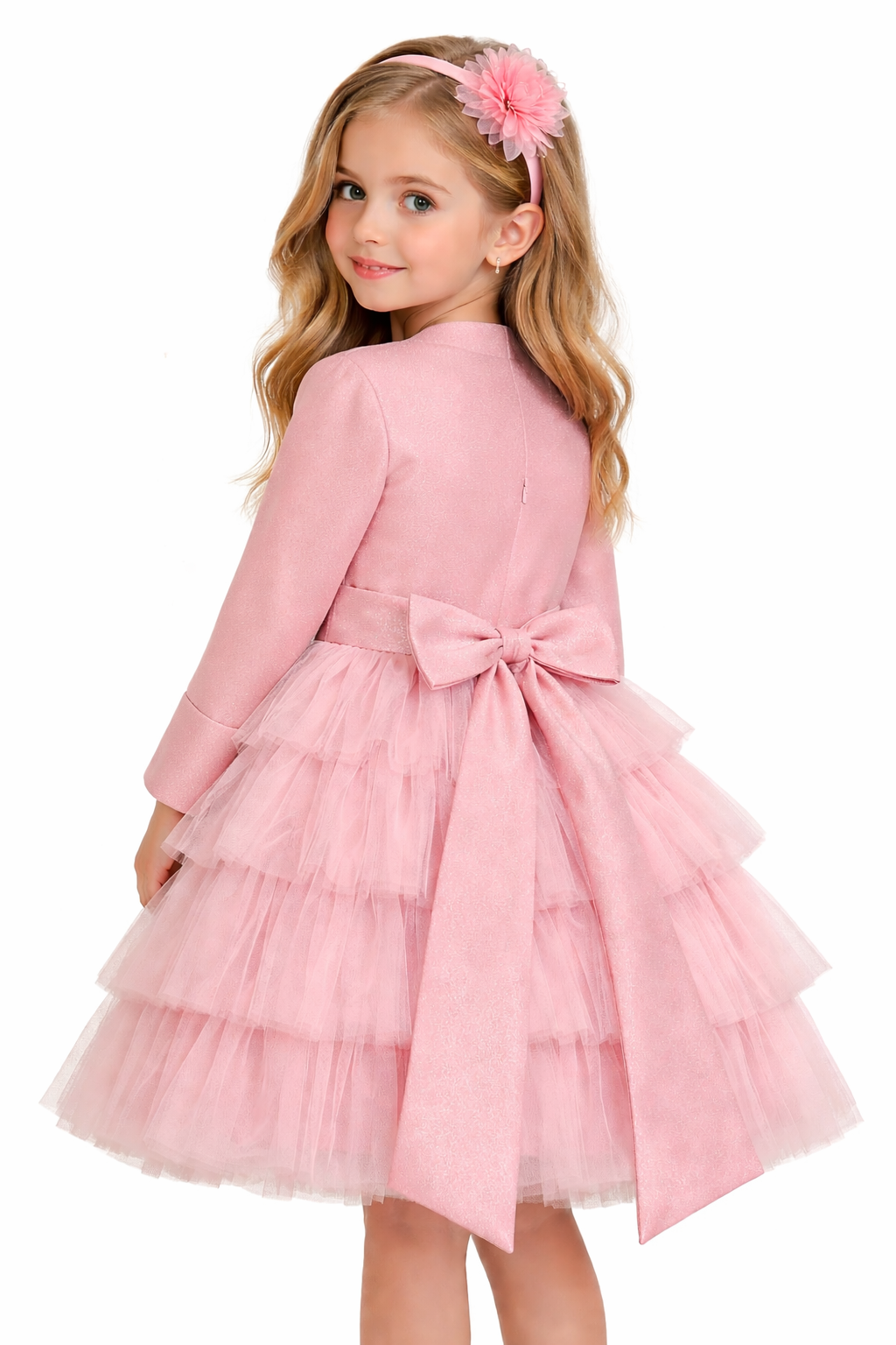 Full pink celebration set for girls featuring the rose lustre gown and matching bolero jacket, available at 533 Sydney Rd, Brunswick.