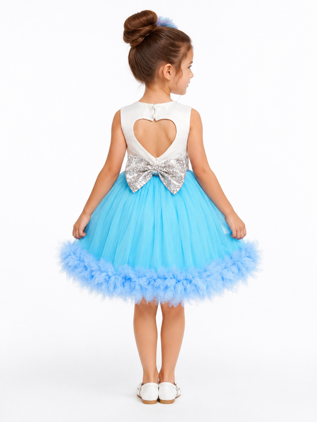 Toddler formal dress with heart shape cut out back and silver sequin statement bow