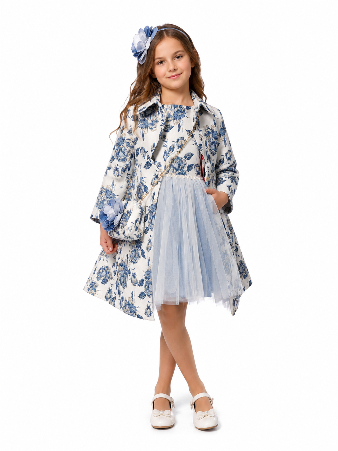 Premium girls formal dresses featuring a blue floral brocade matching trench coat and dress set for Craigieburn families.
