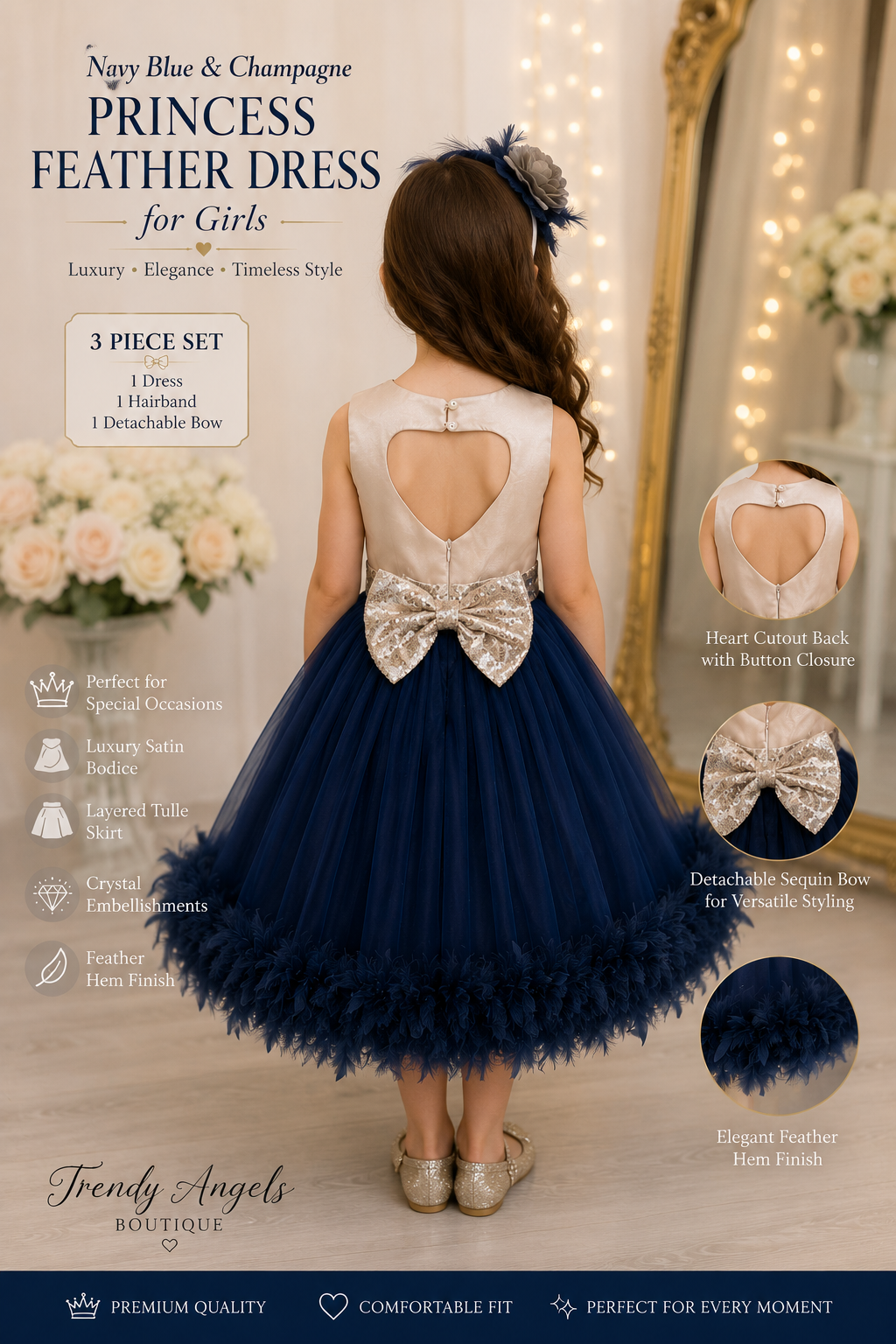 Back view of girl model wearing navy blue and champagne princess dress showing heart cutout back and silver sequin bow