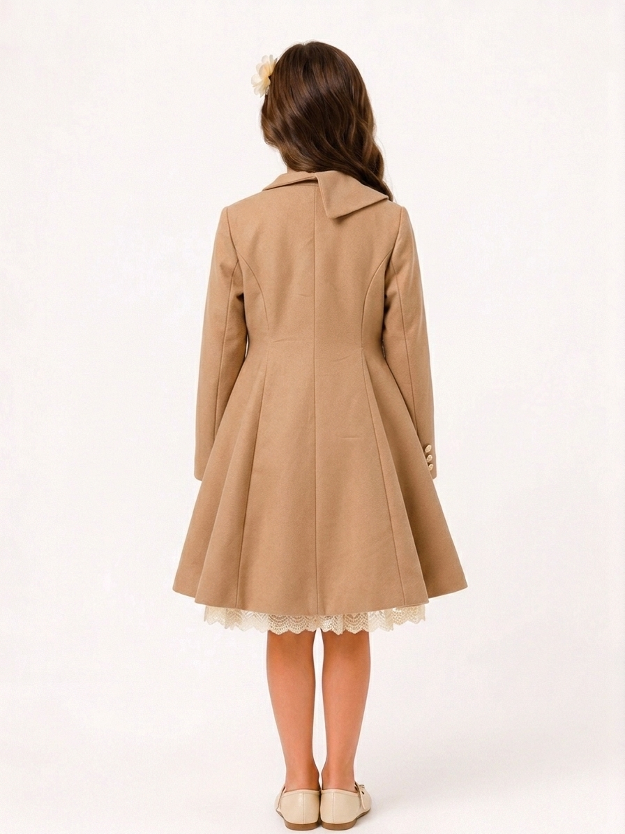 Back view of a girls tailored tan formal coat with flared hem, designed for winter weddings and formal occasions.