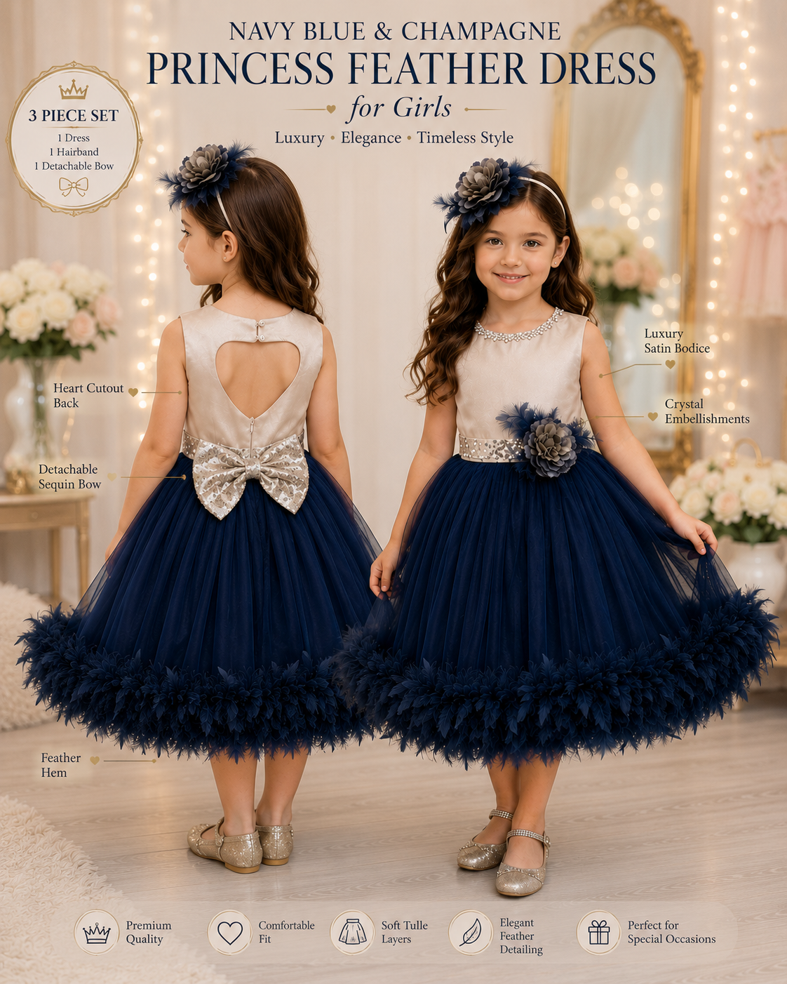 Front and back view of girl models wearing navy blue princess feather dress set with champagne satin bodice