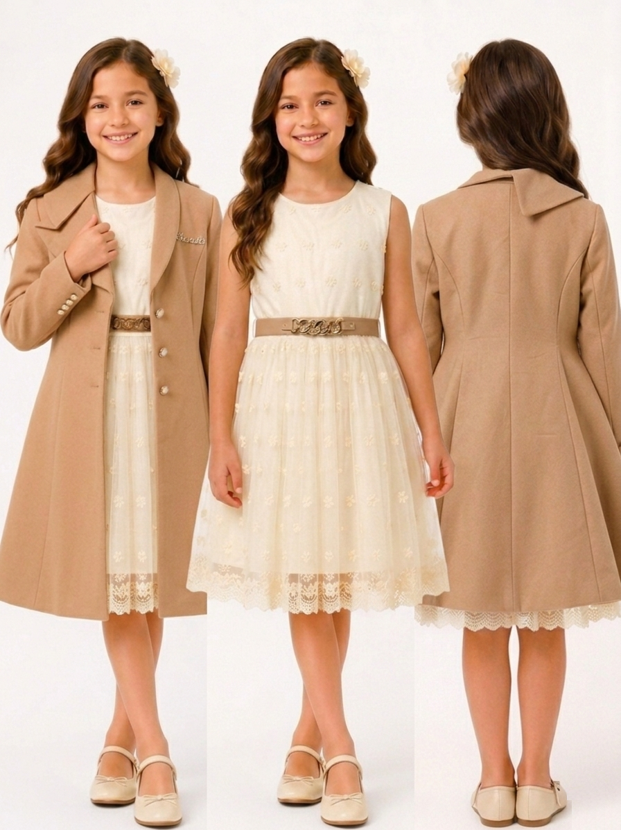 Complete bundle set showing front, back, and dress-only views of a girls lace baptism and party outfit in Mickleham