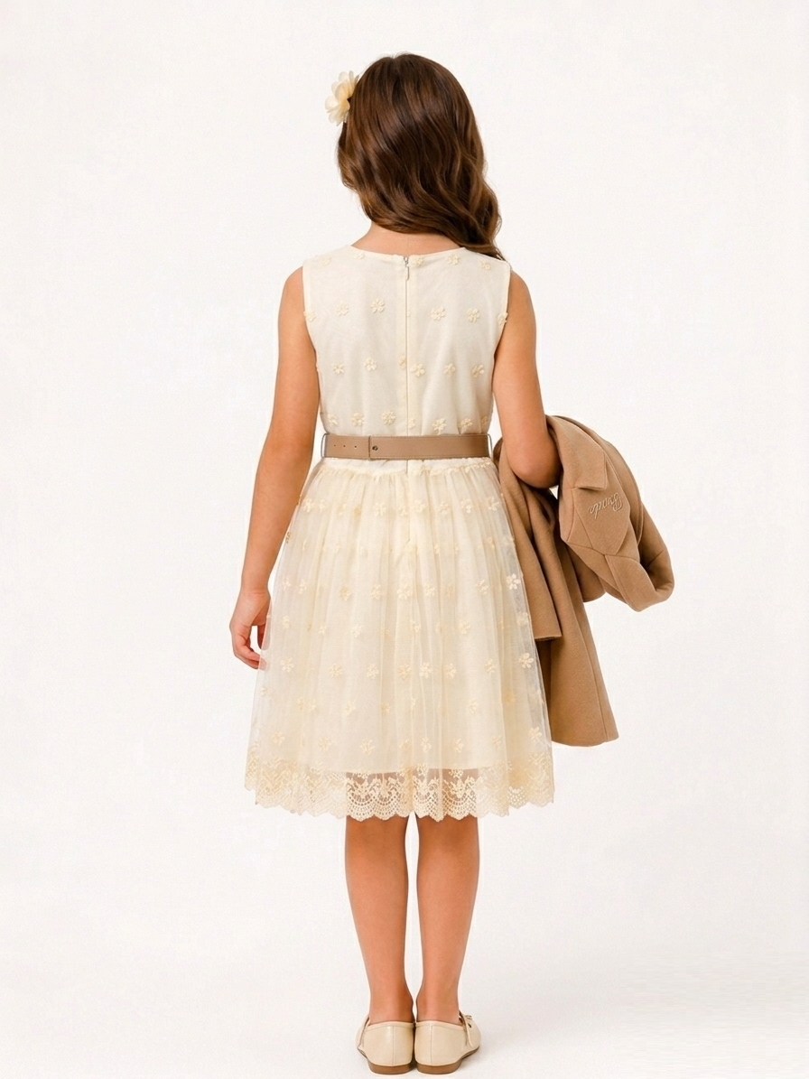 Back view of sleeveless lace party dress with zipper closure and gold belt, premium children's formal wear in the City of Hume.