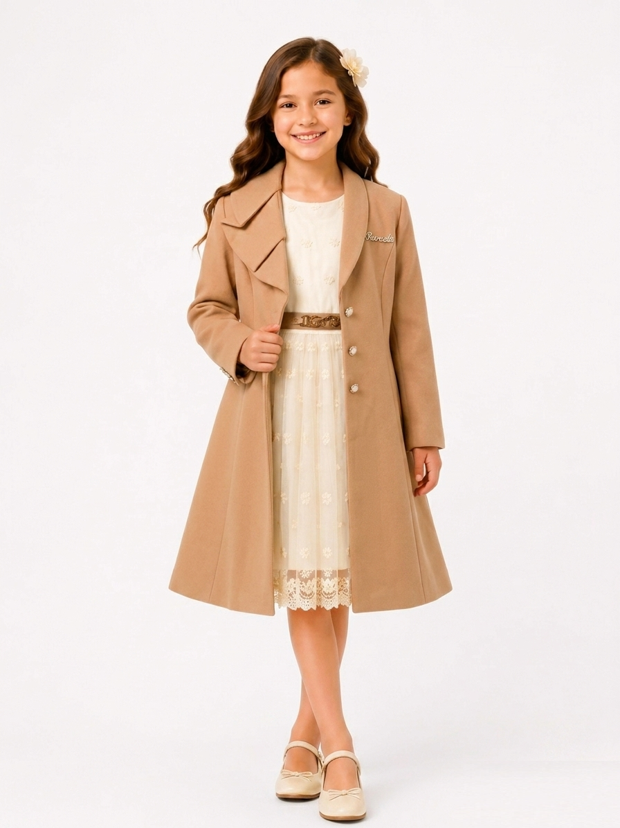 Front view of girls elegant lace party dress with matching camel formal coat, perfect for weddings and events in Mickleham.