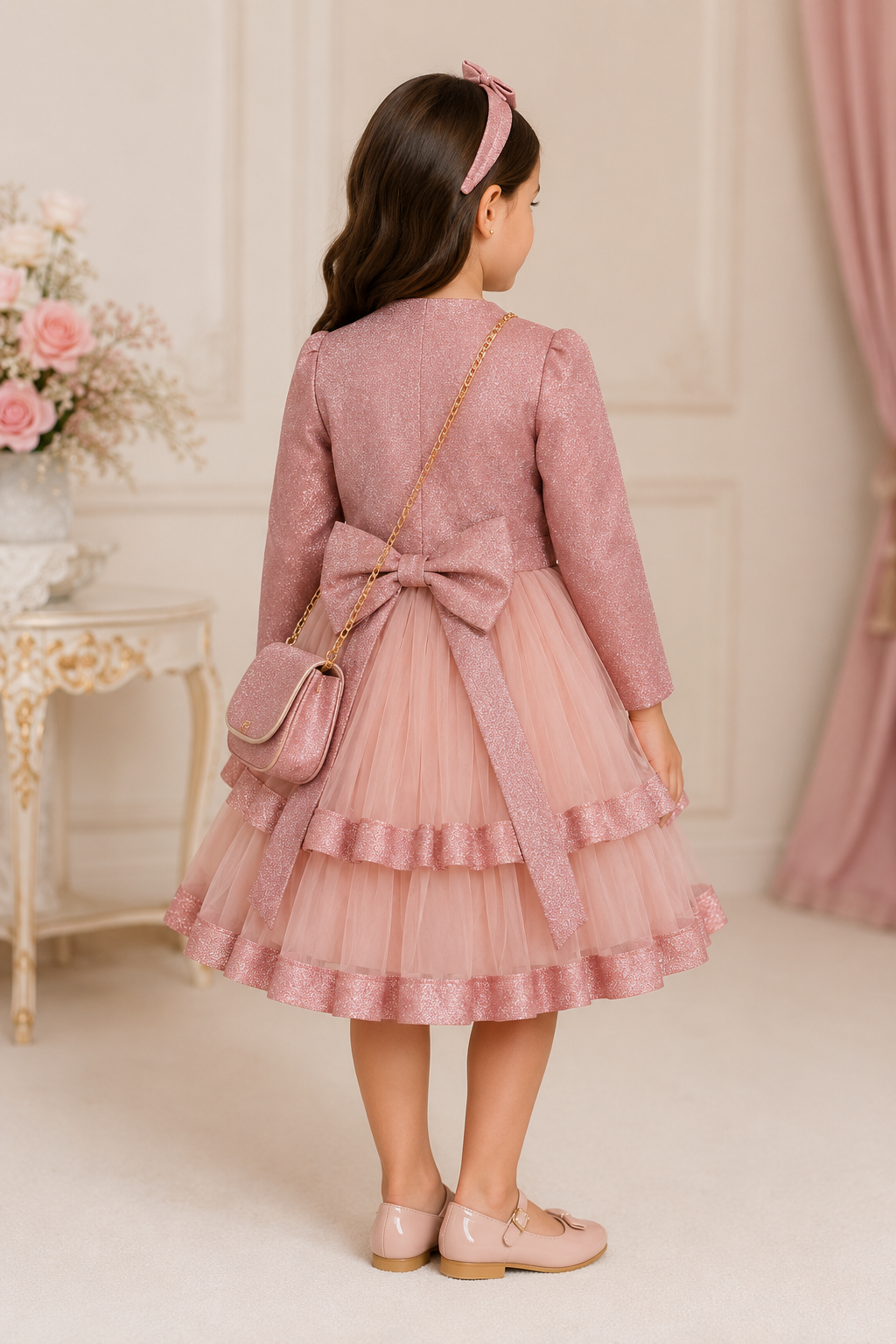 Girls Party Dress 4 Pcs Set – Luxury Pink Princess Dress for Kids