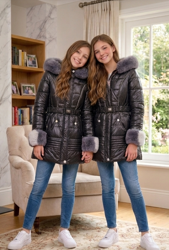 Two girls wearing matching black puffer jackets with faux fur hoods in a lifestyle home setting, perfect for sisters or twins.