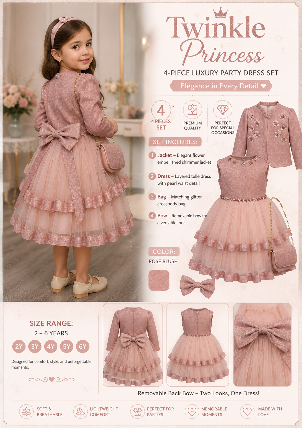 Girls Party Dress 4 Pcs Set – Luxury Pink Princess Dress for Kids