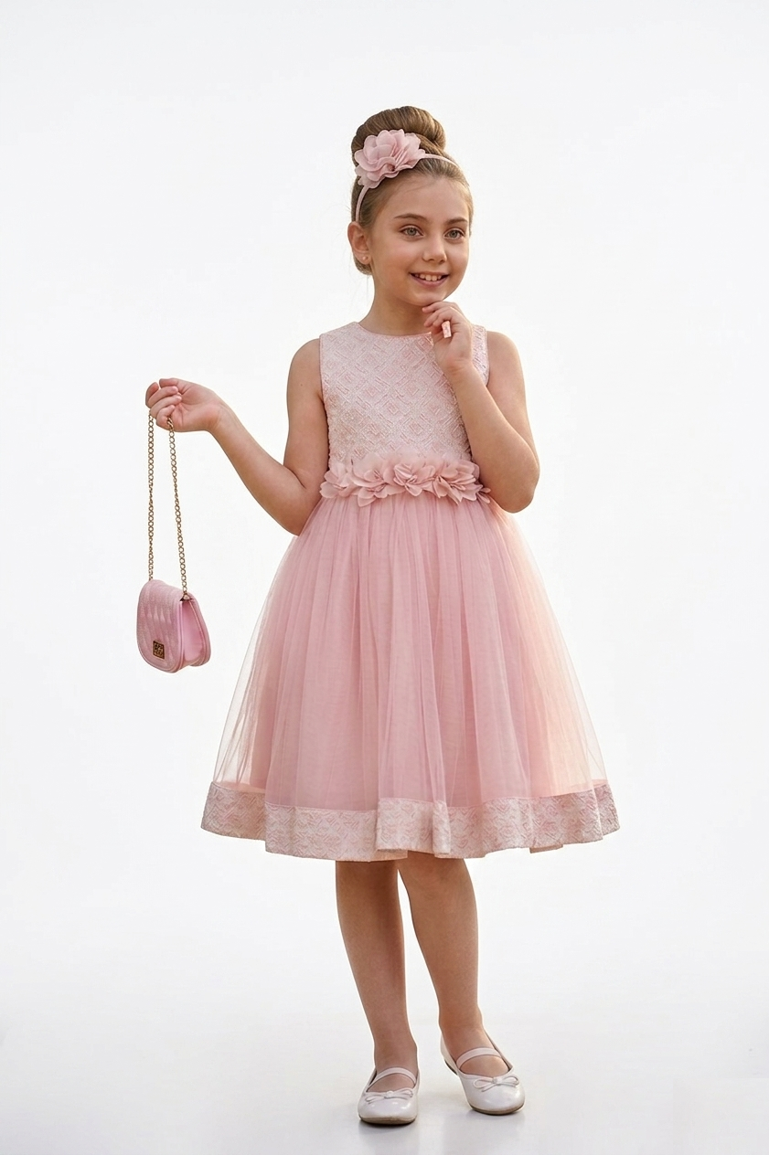 Front view of Seraphina Luxe Pink Girls Occasion Dress with floral waistband and matching handbag on a white background.