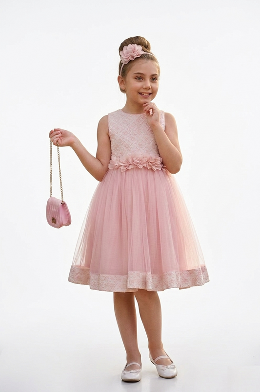 Front view of Seraphina Luxe Pink Girls Occasion Dress with floral waistband and matching handbag on a white background.