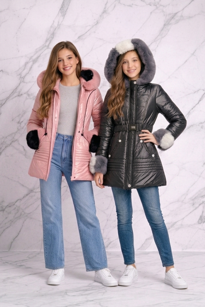 Girls premium winter puffer jackets in black and pink with luxury faux fur hoods - studio fashion shot.