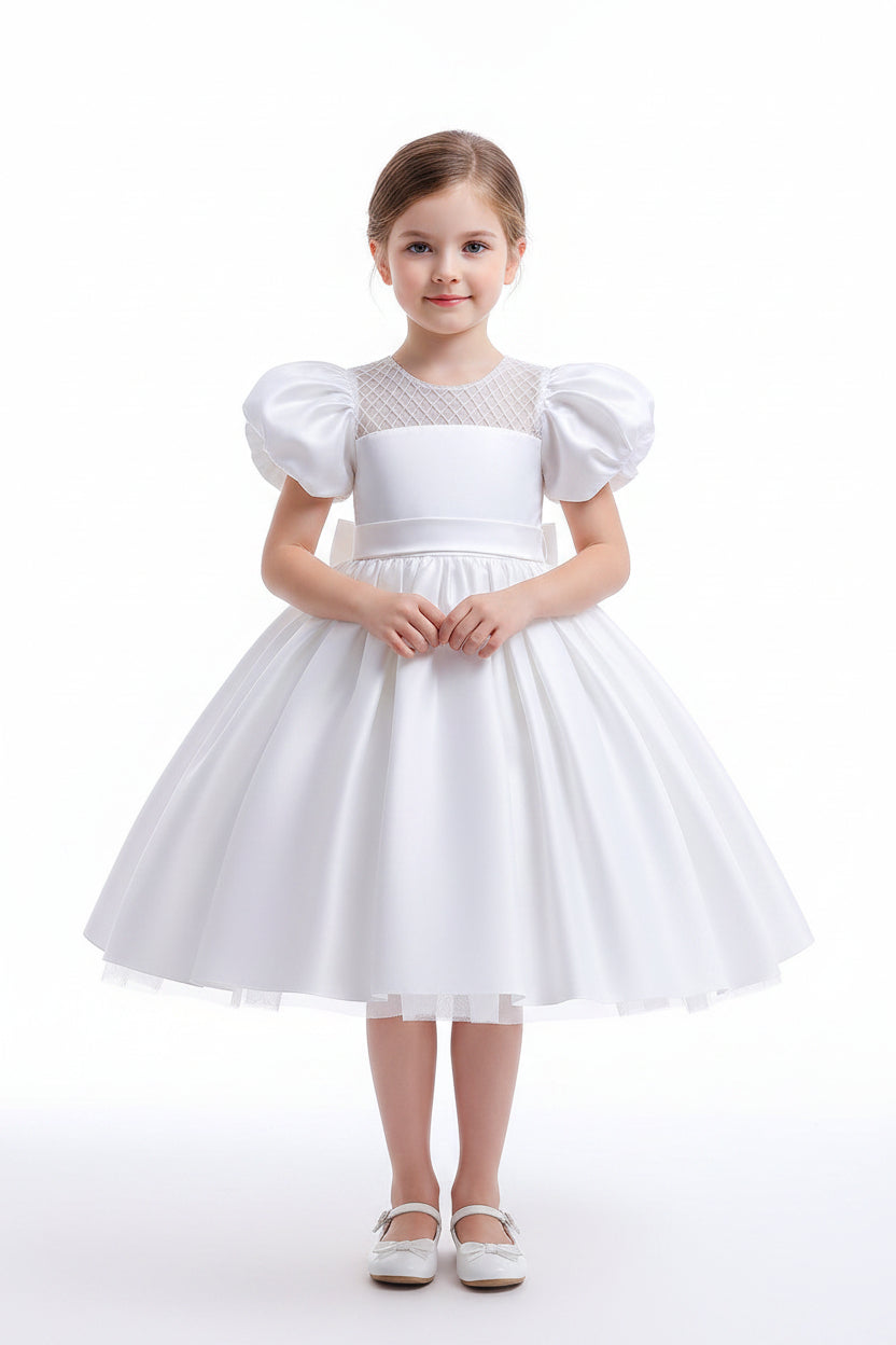 Elegant girls satin flower girl dress with puff sleeves for weddings and formal events available at Trendy Angels Boutique Taylors Hill.