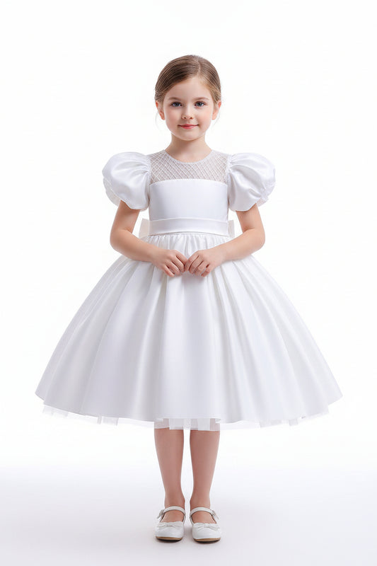 Elegant girls satin flower girl dress with puff sleeves for weddings and formal events available at Trendy Angels Boutique Taylors Hill.