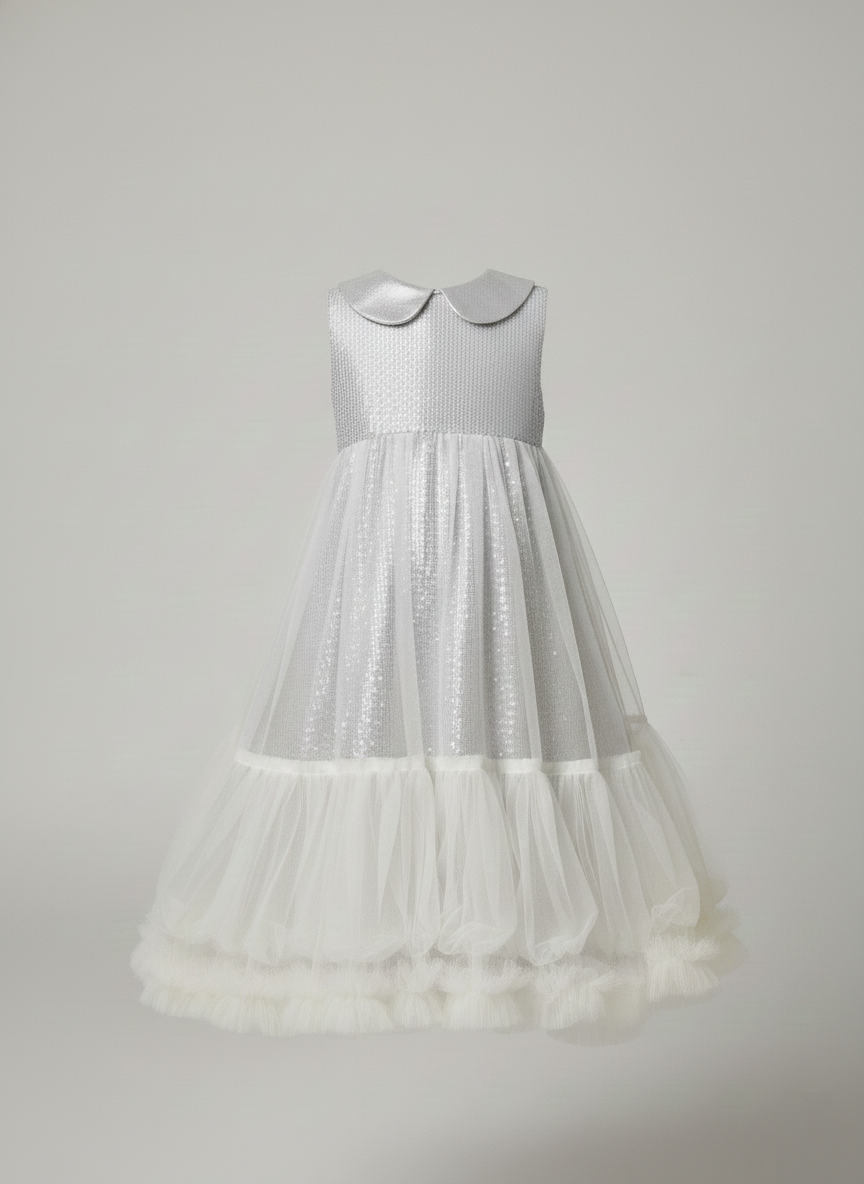 Elevate her next special occasion with the sheer elegance of our Girls' Sleeveless 3D Floral Appliqué Dress in Shimmering Silver. Perfectly tailored for young girls aged up to 14 years