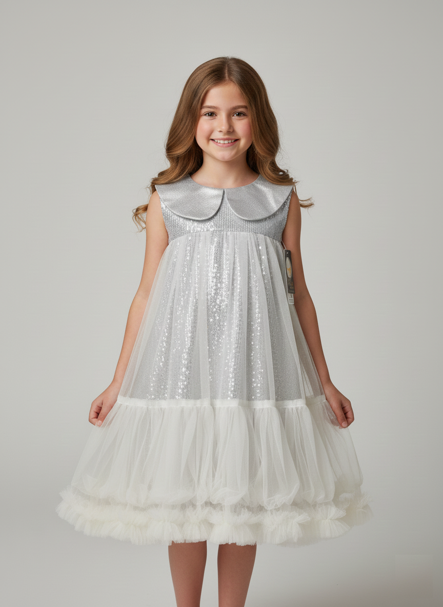 Young girl wearing the silver sleeveless 3D floral appliqué formal dress featuring a shiny satin bodice and sequined waist at Trendy Angels Boutique, 533 Sydney Rd Brunswick, Melbourne.