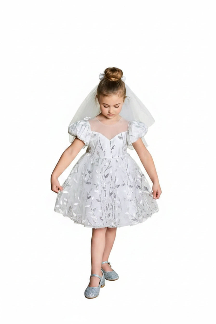 Detailed front view of a girls white party dress, perfect for birthdays and formal events in Glenroy.