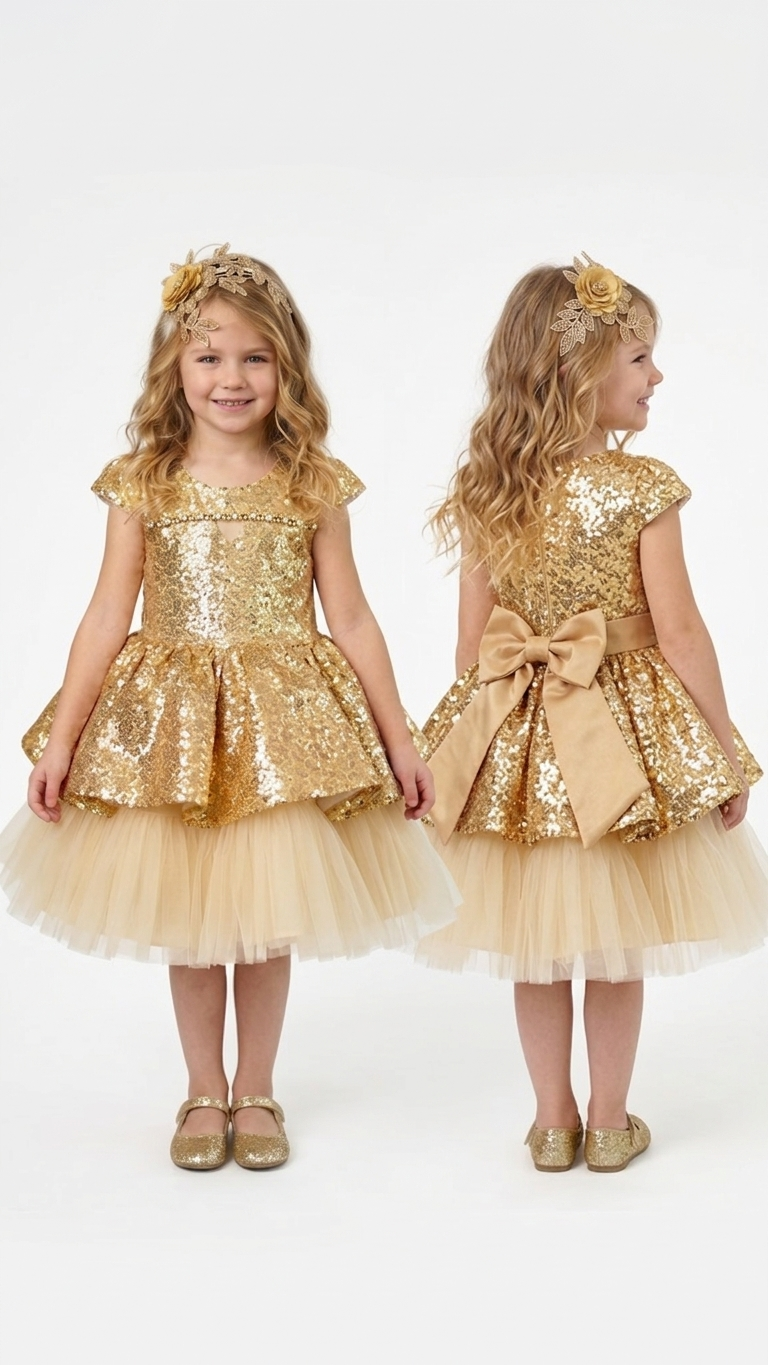 Rear view of a gold sequin flower girl dress featuring a large champagne satin back bow and voluminous tiered tulle skirt.