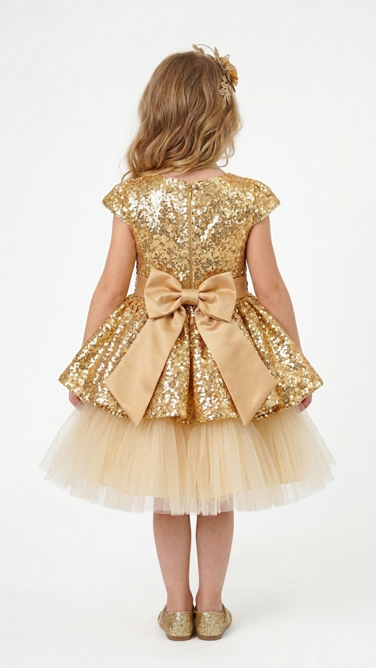 Back view of gold sequin flower girl dress showing the large champagne satin bow and tiered tulle skirt.