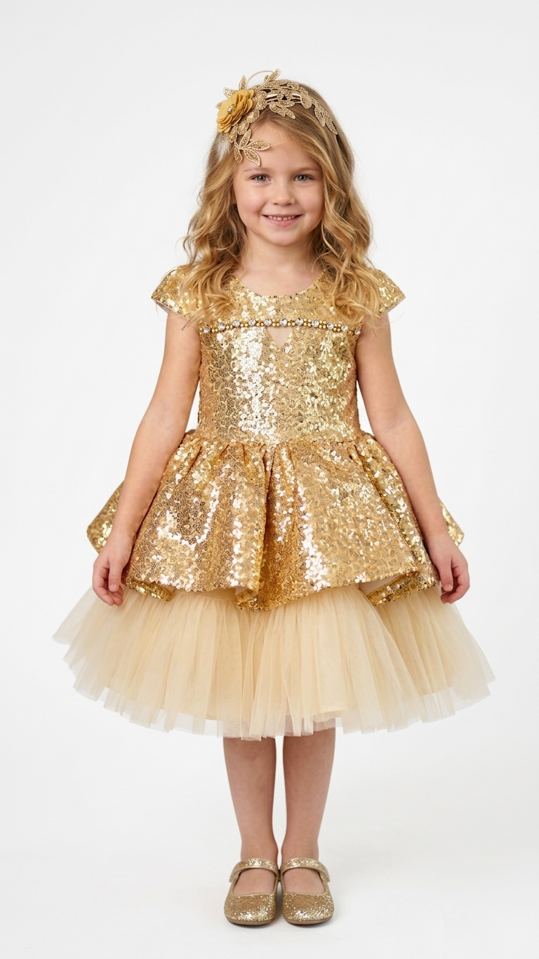 Gold Sequin Flower Girl Dress with Tiered Tulle Skirt and Matching Headband Boutique Set