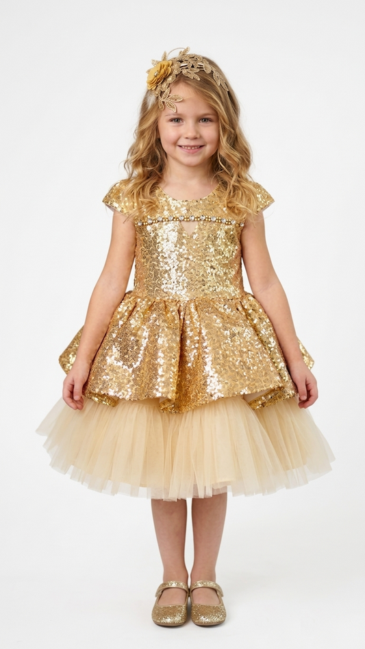 Gold Sequin Flower Girl Dress with Tiered Tulle Skirt and Matching Headband Boutique Set