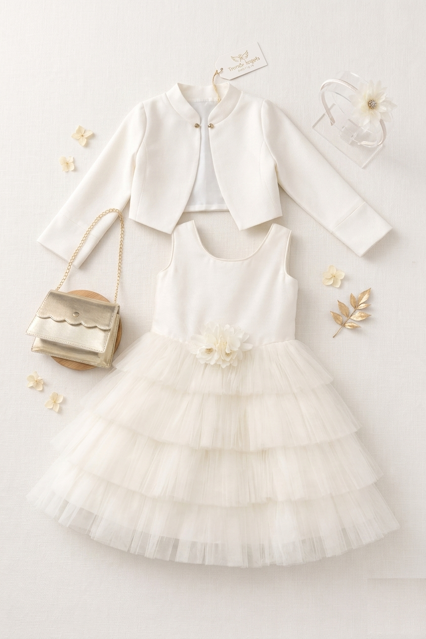 A professional product flat lay of the 4-piece set at Trendy Angels Boutique, showing the tiered ivory dress, cropped bolero jacket, gold scalloped handbag, and floral headband.
