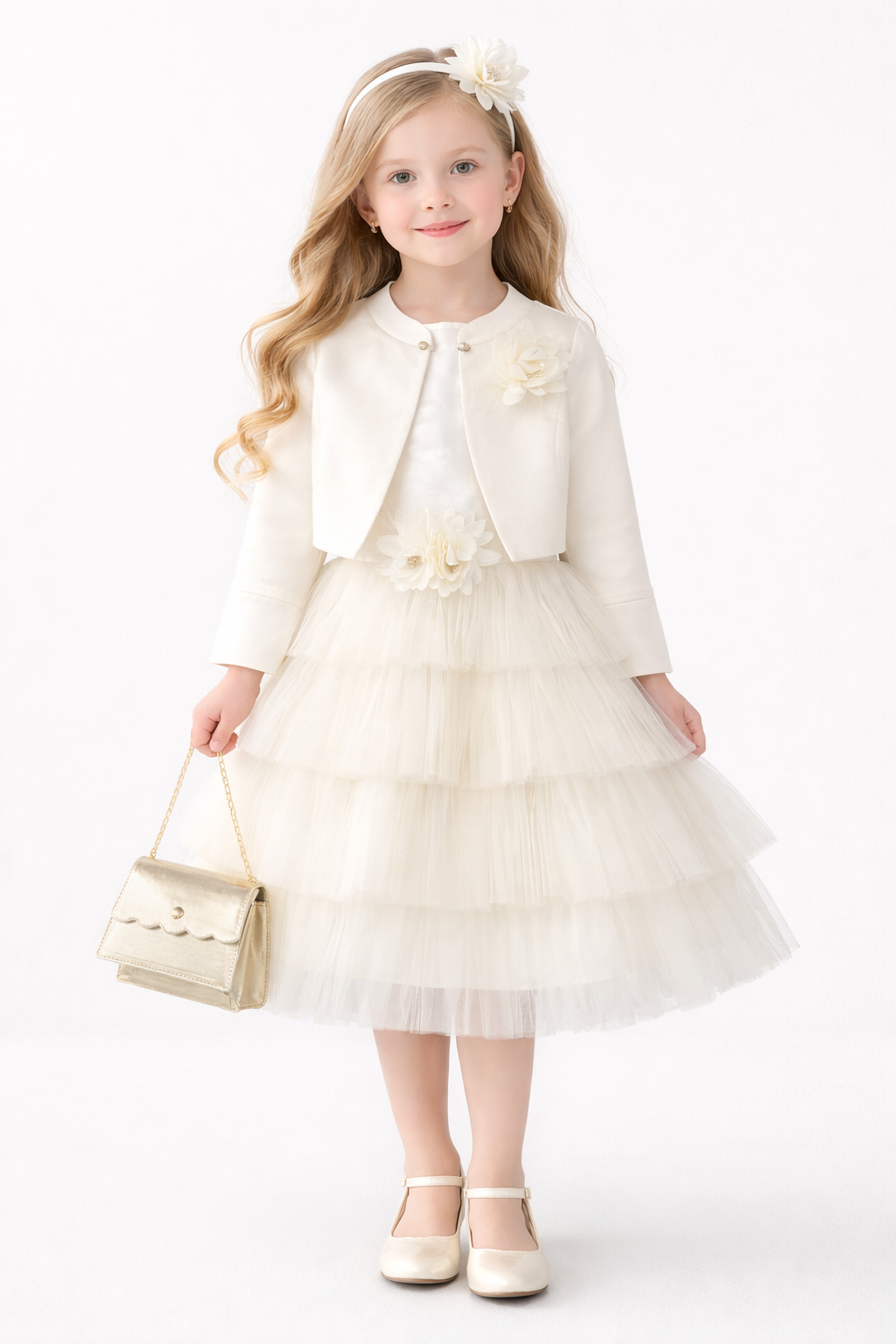 Front view of a young girl wearing the 4-piece Ivory & Gold Celebration Bundle, featuring the "Enchanted Petal" tiered gown, ivory bolero, "Blossom Radiance" headband, and "Gilded Treasure" gold bag.