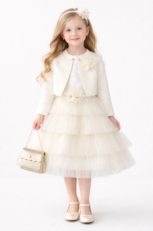Front view of a young girl wearing the 4-piece Ivory & Gold Celebration Bundle, featuring the "Enchanted Petal" tiered gown, ivory bolero, "Blossom Radiance" headband, and "Gilded Treasure" gold bag.
